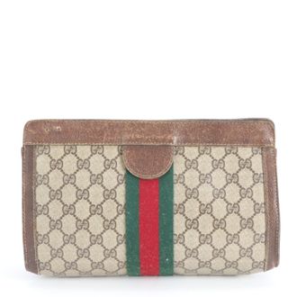 Gucci Sherry Line Brown Leather Coated Canvas Pouch (Pre-Owned)