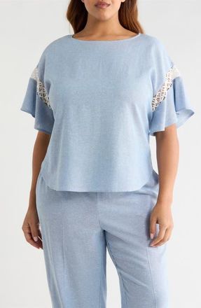 Anne Klein Lace Trim Flutter Sleeve Linen Blend Top in Lagoon/Crisp White at Nordstrom, Size 1 X