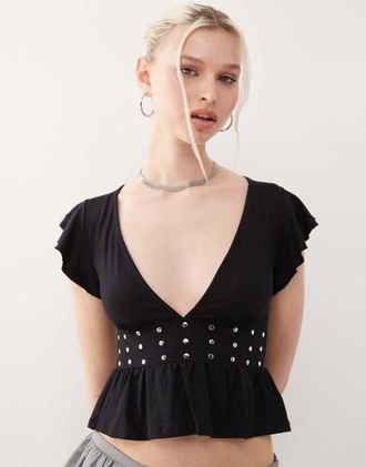 Motel leisma frill sleeve studded plunge top in black