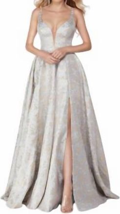 Alyce Paris Long Jacquard A-Line Dress In Light-Blue, Gold