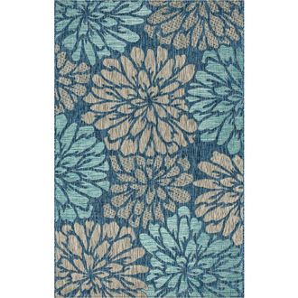 Jonathan Y Designs Zinnia Modern Floral Textured Weave Indoor/Outdoor Area Rug in Navy/aqua at Nordstrom, Size 5Ft 0In X 5Ft 0In