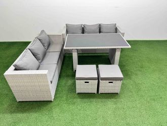 Fimous 8-seater Patio Rectangular Table Sofa Set with 2 Small Stools in Light Grey