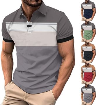 Generic Mens Polo Shirts Striped Golf T-Shirts Short Sleeve Button Down Collar Tops with Stripes Color Block Shirt Summer Tee Ropa De Golf para Hombre V&ecirc;temen