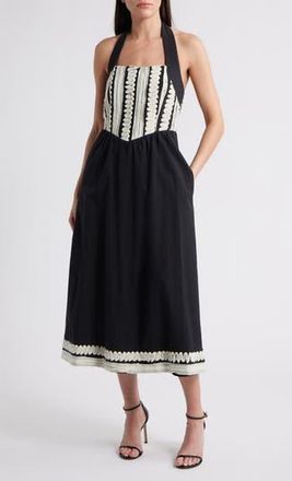 Adelyn Rae Fernanda Halter Cotton Midi Dress in Black/Cream at Nordstrom Rack, Size X-Large