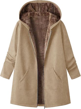 Generic Womens Winter Coat with Hood Warm Fleece Lined Fuzzy Full Zip Hooded Jacket Sweatshirts with Pockets Casual Mid Length Casual Ladies Warm Jumper Coats
