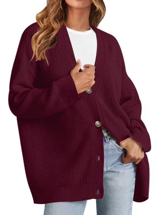 Merokeety Womens Cardigan Sweaters 2025 Fall Open Front Oversized Button V Neck Loose Soft Knit Outwear, Burgundy, M