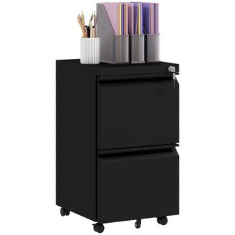 Vinsetto Black 2-Drawer Mobile Filing Cabinet on Wheels - Steel Lockable File Cabinet with Adjustable Hanging Bar for Letter - A4 and Legal Size | TJ