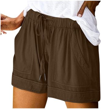 Generic Shorts for Women UK High Waist Elastic Ladies Short Pants Solid Color Summer Shorts Breathable Casual Clothes with Pockets Womens,Coffee,XL