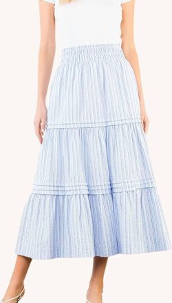 THML Clothing Smocked Waist Tiered Long Skirt In Light Blue Stripe
