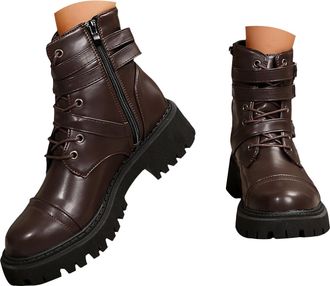 Generic Womens Combat Ankle Boots, PU Leather Platform Boots with Side Zipper, Lace-Up Buckle Design, Black Brown, 4.5cm Heel, Fashion Outdoor Casual