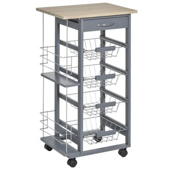 HOMCOM Multi-Use Kitchen Island Trolley w/ 4 Baskets 2 Side Racks Drawer Worktop 4 Wheels Worktop Home Food Storage Spice Vegetables Fruits Smooth Rol