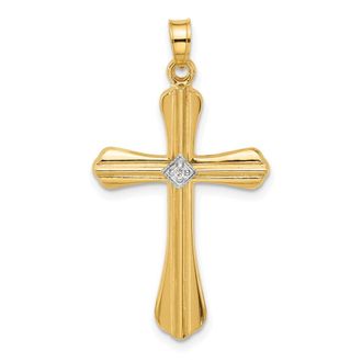 Diamond2Deal 14k Yellow Gold Polished and Grooved Hollow Diamond Cross Pendant