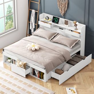 Merax Double White Wooden Captains Storage Bed with Storage & Bookshelf