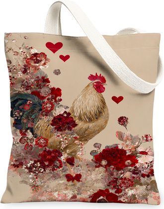 Generic Floral Chicken Canvas Tote Bags, Rustic Chicken Design Reusable Grocery Bags, Autumn Lightweight Washable Shoulder Strap Ca, Beige, 13x15 Inch