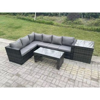 Fimous 6 Seater Rattan Corner Sofa Lounge Sofa Set With Rectangular Coffee Table Side Table Dark Grey Mixed Right Hand - Fimous