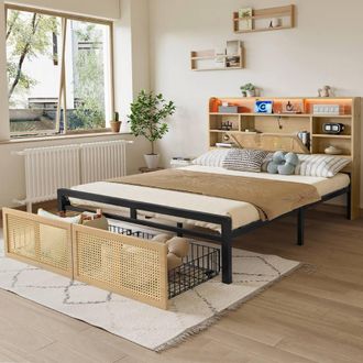 Matteo Wooden Bed - Integrated LED, USB & Storage - Rattan Drawer - Double in Natural