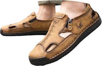 Generic 2026 Mens Hand Stitching Outdoor Closed Toe Leather Sandals, Adjustable Heel Strap Slip on Sandals Beach Slippers Shoes (Coffee, 5.5)