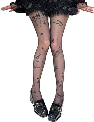 Generic Womens Piano Tights - Y2K Musical Note Pattern Sheer Hosiery Stretchy Funky Patterned Stockings (Black,One Size)