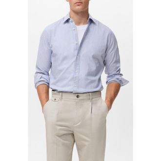 Mango Stripe Cotton Button-Up Oxford Shirt in Navy at Nordstrom, Size Large