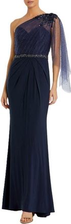 Mac Duggal Embellished One Shoulder Draped Gown in Navy at Nordstrom, Size 4
