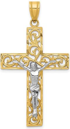 Diamond2Deal 14k Two-tone Gold Diamond-Cut Large Block Filigree Crucifix Pendant