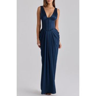 House of CB Angeline Sleeveless Satin Corset Gown in Navy at Nordstrom, Size X-Small