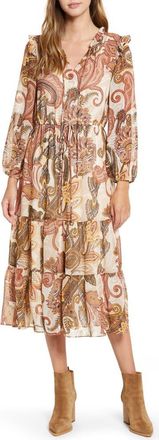 Julia Jordan Long Sleeve Tiered Chiffon Midi Dress in Ivory Multi at Nordstrom Rack, Size 4