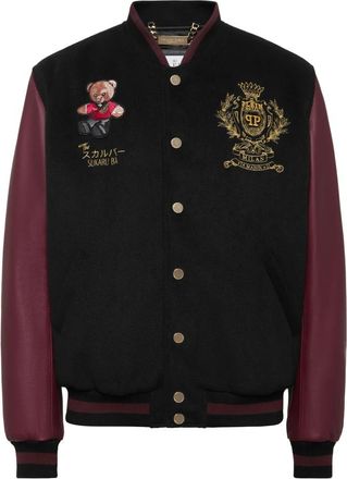 Philipp Plein Leren en Wol Varsity Bomberjack Teddybeer - Heren - Bomber jackets - Zwart - M - Wol - Jassen