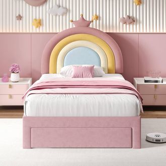 Merax 3ft Single Pink Velvet Rainbow Storage Bed with Storage Drawer