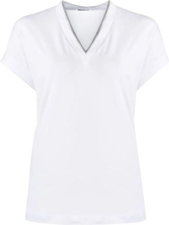 Brunello Cucinelli Monili Trim V-Neck Cotton T-Shirt Clothing