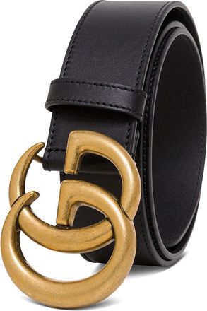 Gucci Womens Leather Belt With Gg Logo Buckle, Black Calf