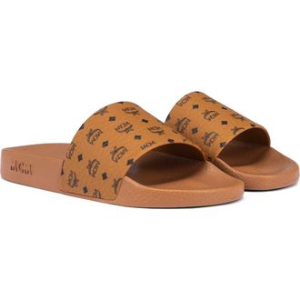 MCM Monogram Print Rubber Slides in Cognac at Nordstrom, Size 46