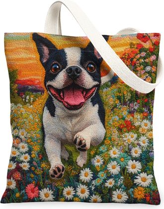 Generic Spring Shiba Inu Dog Canvas Tote Bag for Shopping 13x15, Knitting Style Garden Puppy Reusable Grocery Print Bag for Women, Fun Pet Beach Aesthetic Pai