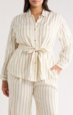 Liverpool L.A. Stripe Belted Shacket in Cream/Tan Rg Stripe at Nordstrom, Size 3 X