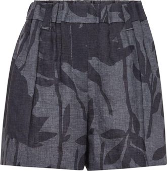 Brunello Cucinelli Ramage-print linen mini shorts - women - Linen/Flax - 44 - Grey
