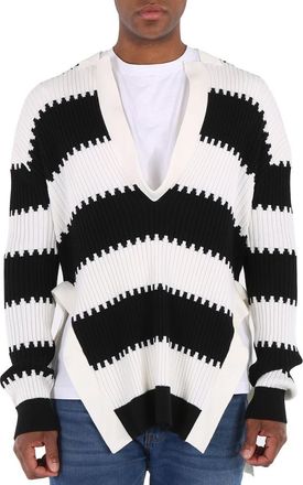 Burberry Mens Black Side-slit Striped Rib Knit Wool Sweater, Size X-Small