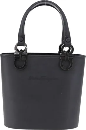 Ferragamo Gancini Top Handle Leather Black Rubber Handbag (Pre-Owned)