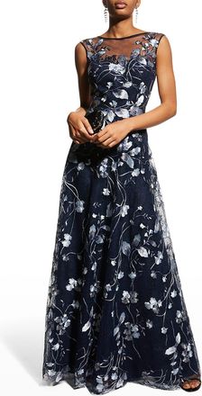 Teri Jon Cap-Sleeve Embroidered Tulle A-Line Gown