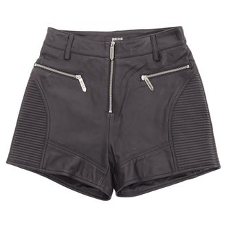Just Cavalli Genuine Leather Silver Zip Motorcycle Ribbed Shorts