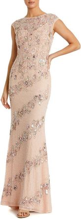 Mac Duggal Embellished V Neck Butterfly Sleeve Gown in Beige Silver at Nordstrom, Size 12