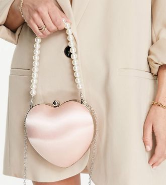 True Decadence Exclusive heart clutch bag in pink satin with pearl handle
