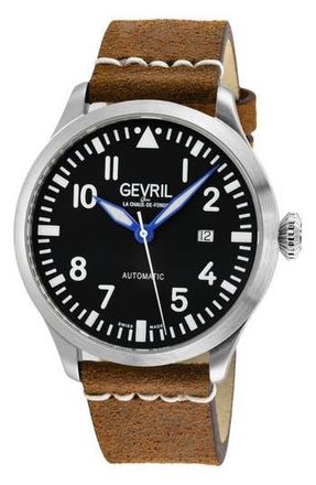 Gevril Group Vaughn Swiss Automatic Leather Strap Watch, 44mm in Brown at Nordstrom Rack