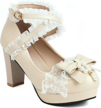 Generic Womens Lolita Style Pumps Block Heel Platform Shoes Lace Cross Strap Heels with Bow,Beige,7.5 UK