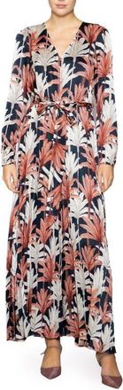 Melloday Botanical Tie Waist Pleated Maxi Dress in Navy Multi Leaf at Nordstrom, Size X-Large