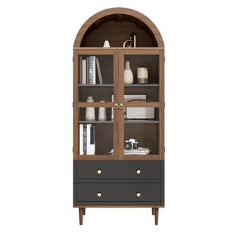 STILVORA Aparador Alto Con 2 Puertas De Vidrio Acanalado Y Estantes Regulables, Estilo Retro Moderno, En Mdf, Nogal, 70&times;38&times;165 Cm