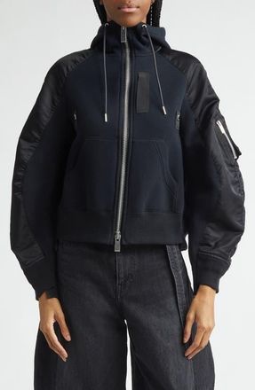 sacai Sponge Sweat x Nylon Twill Full Zip Hoodie in Black at Nordstrom, Size 1