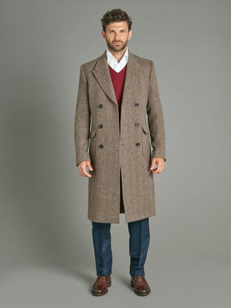 Oliver Brown Double Breasted Overcoat - Brown Herringbone