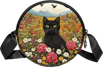 Generic Circle Crossbody Bag for Women, Black Cats Flowers Print Small Sling Bag Daypack with Zipper Adjustable Shoulder Straps Casual Ladies Girls Round Purs