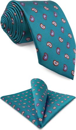 Shlax & Wing Blue Green Teal Blue Mens Tie and Pocket Square Set Paisley Wedding Party Groomsmen Woven Medium 57.5