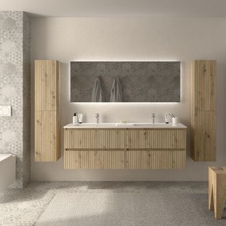 Cygnus Bath Mueble De Ba&ntilde;o Kira 160cm Roble 4 Cajones Lavabo Vilna 2 Pozas Solid Surface